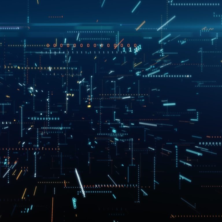 Infinite flight among binary code in a chaotic technological space 3d illustration