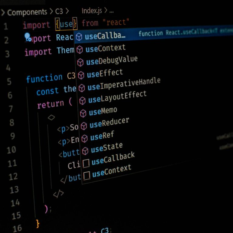 Side shot of a code editor using react js and its hooks
